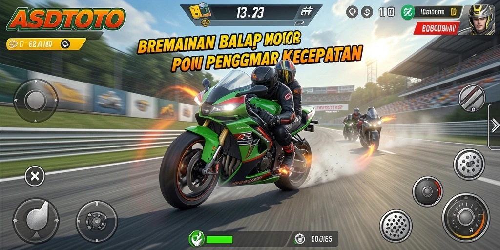Screenshot gameplay ASDTOTO menampilkan balapan motor yang memacu adrenalin.