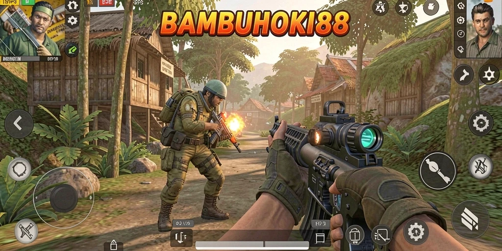 Tampilan gameplay dinamis di BAMBUHOKI88 dengan aksi tembak-menembak yang intens.