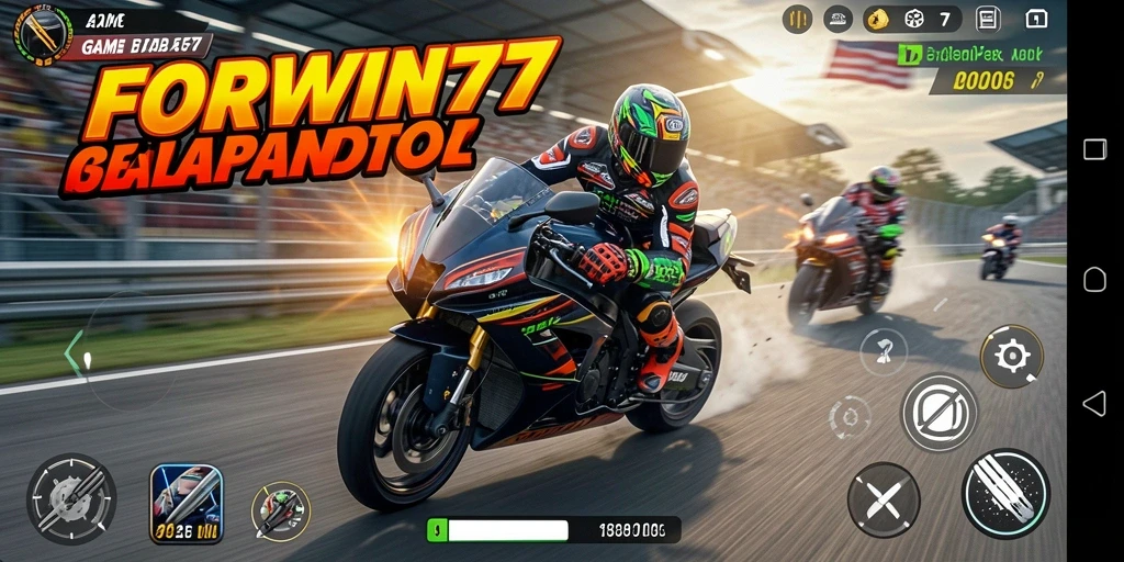 Screenshot gameplay FORWIN77 dengan aksi balap motor yang intens.