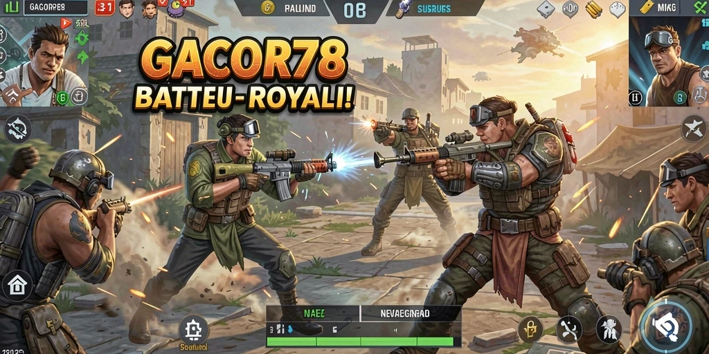 Screenshot utama GACOR78 menampilkan aksi intens Battle Royale.