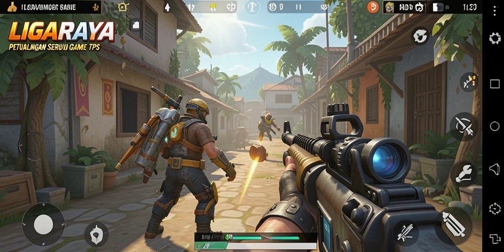 Tangkapan layar gameplay <strong>LIGARAYA</strong> menunjukkan aksi seru dalam pertempuran TPS.